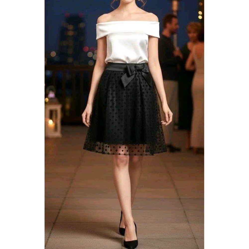 Elle A-line‎ Layered Polka Dot Skirt Black Sheer Overlay Bow Size 2 Flirty